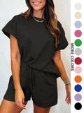 Two-Piece Set Women's Solid Soft Textured Knit Batwing Sleeve T-shirt & Drawstring Waist Shorts Set, Casual Style Round Neck Short Sleeve Top & Pocket Design Shorts for Summer, Ladies Clothes for Everyday Wear, Womenswear, Fit
