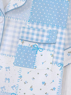 Women's Plaid Floral Bow Print Short Sleeve Shorts Fitted Pajama Set