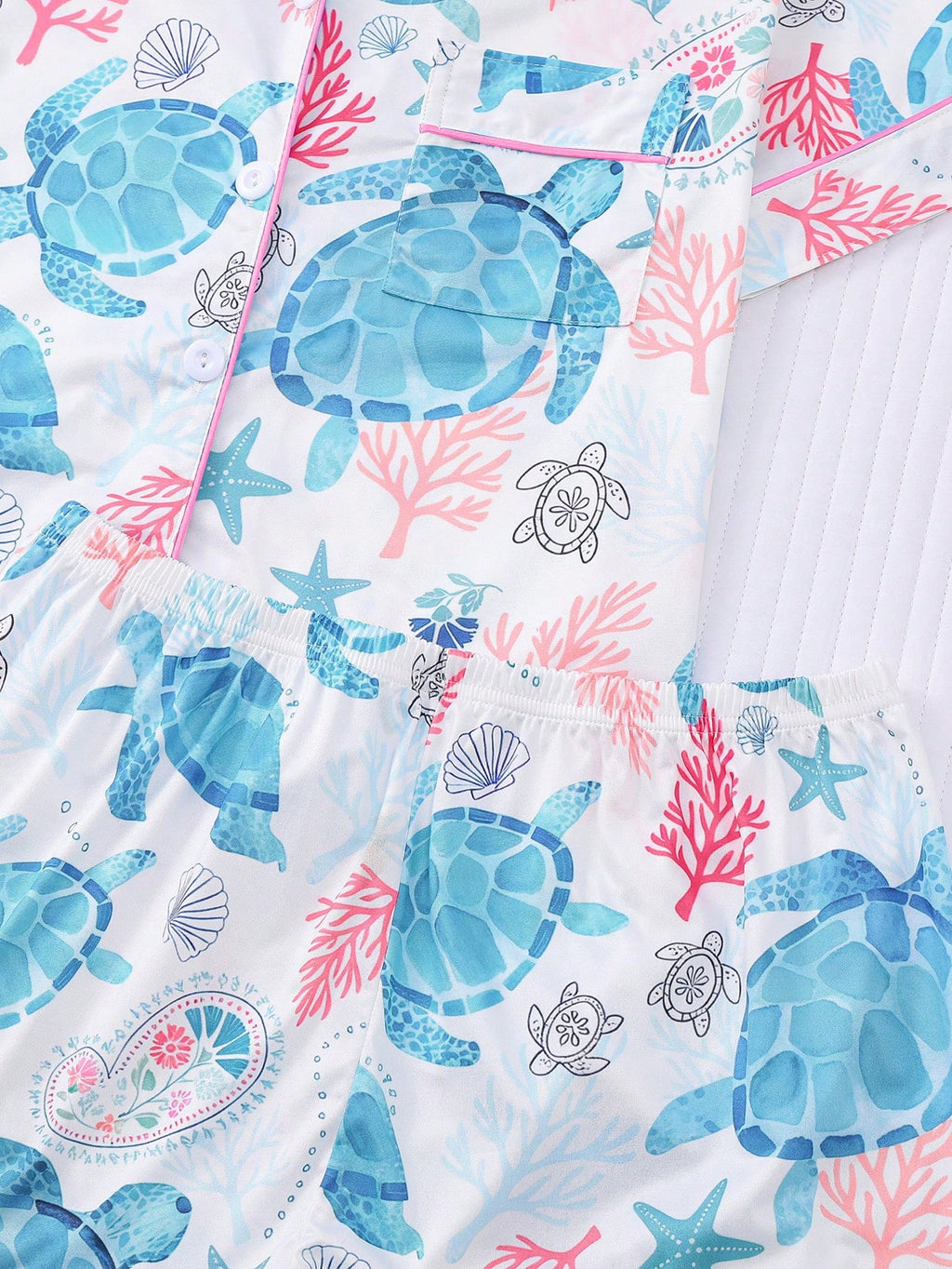 2pcs Women Pajama Set, Ocean Turtle Print, Ladies Homewear, Spring/Summer Holiday Outfit, Short Sleeve Polo Shirt And Shorts Suit