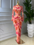 Elegant Women's Tie Dye Printed Two Piece Set Outfits, Wrap Crop Top + Ruched Maxi Skirt , Casual Beach Resort Birthday, Vacation Street Lady Two-Piece Set,Female Fashion 2 Piece Co-ord Set