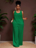 Women's Plus Size Matching Two-Piece Set: Sleeveless Tank Top and Wide Leg Pants, Loose Fit, Summer Vacation, Comfortable and Stylish