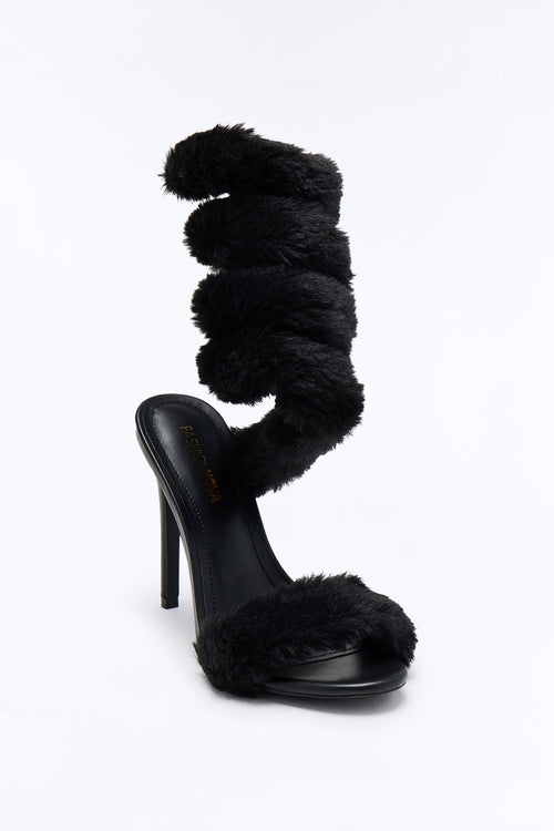 Flurry Faux Fur Wrap Up Heels - Black