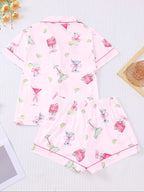 Women's All-Over Cocktail Print Button Front Shirt & Elastic Waist Shorts Pyjama