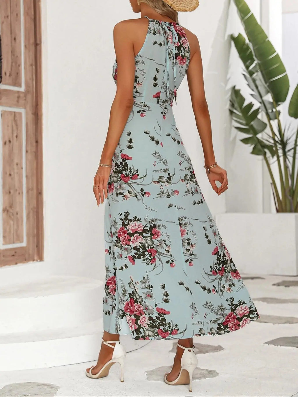 Women's Floral Print Split Thigh Halter Dress, Elegant Chic Boho Style Tie Back Design Long Dress for Spring Summer Fall, Bohemian