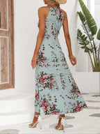 Women's Floral Print Split Thigh Halter Dress, Elegant Chic Boho Style Tie Back Design Long Dress for Spring Summer Fall, Bohemian