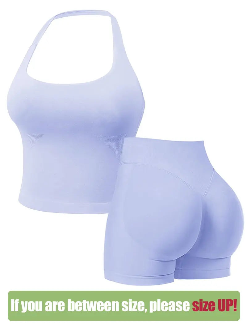 Seamless Workout Sets for Women, Halter Tank Top & Gym Scrunched Shorts Sports Set, Sporty Breathable Quick Drying Outfits for Yoga Gym Workout Running, Ladies Sportswear for Summer