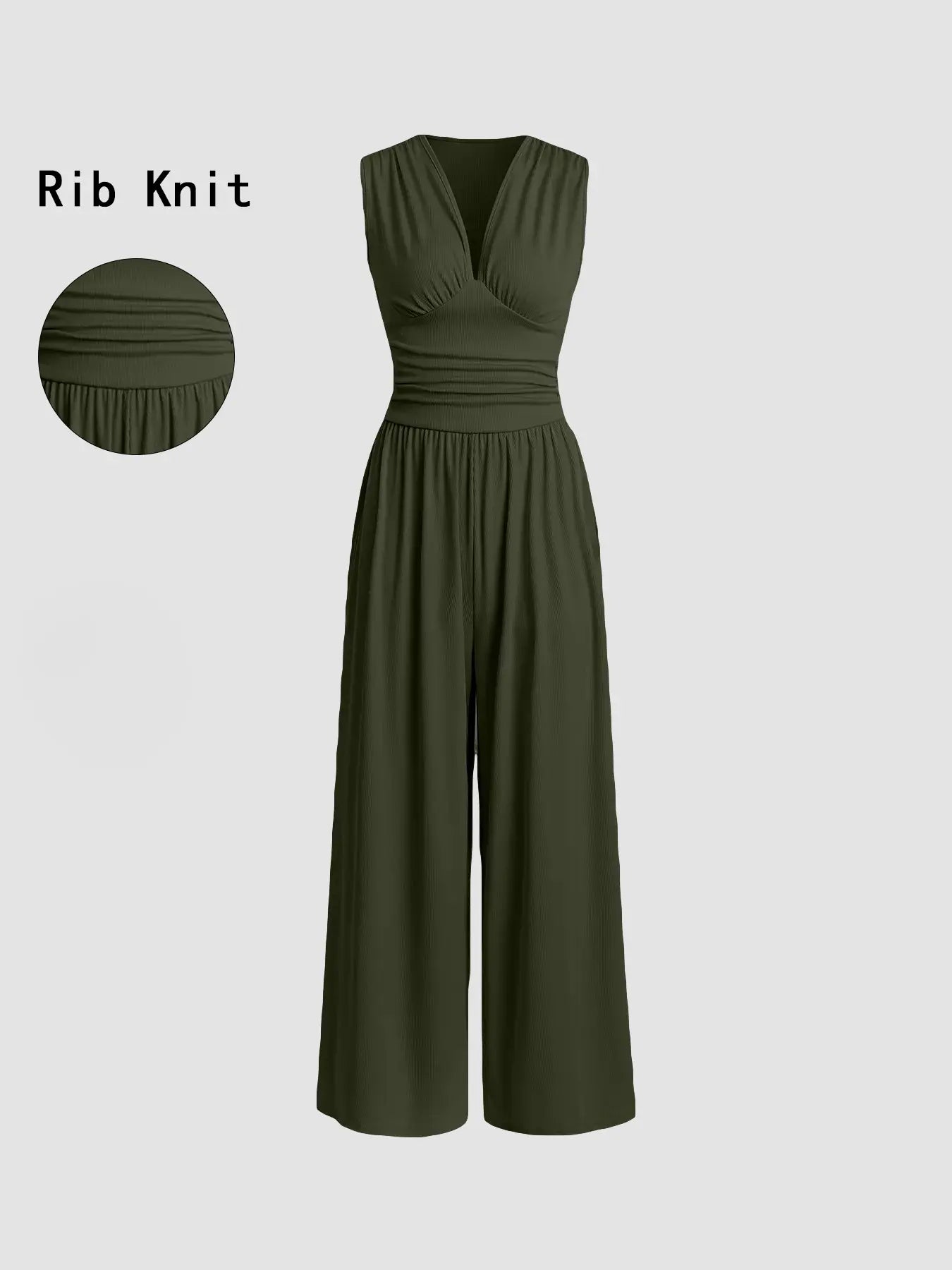 Women's Plain Ruched Deep V Neck Wide Leg Jumpsuit, Sleeveless Ribbed Jumpsuit for Daily Wear, Ladies Clothes for All Seasons, Casual Basic Jumpsuit, Casual Jumpsuits