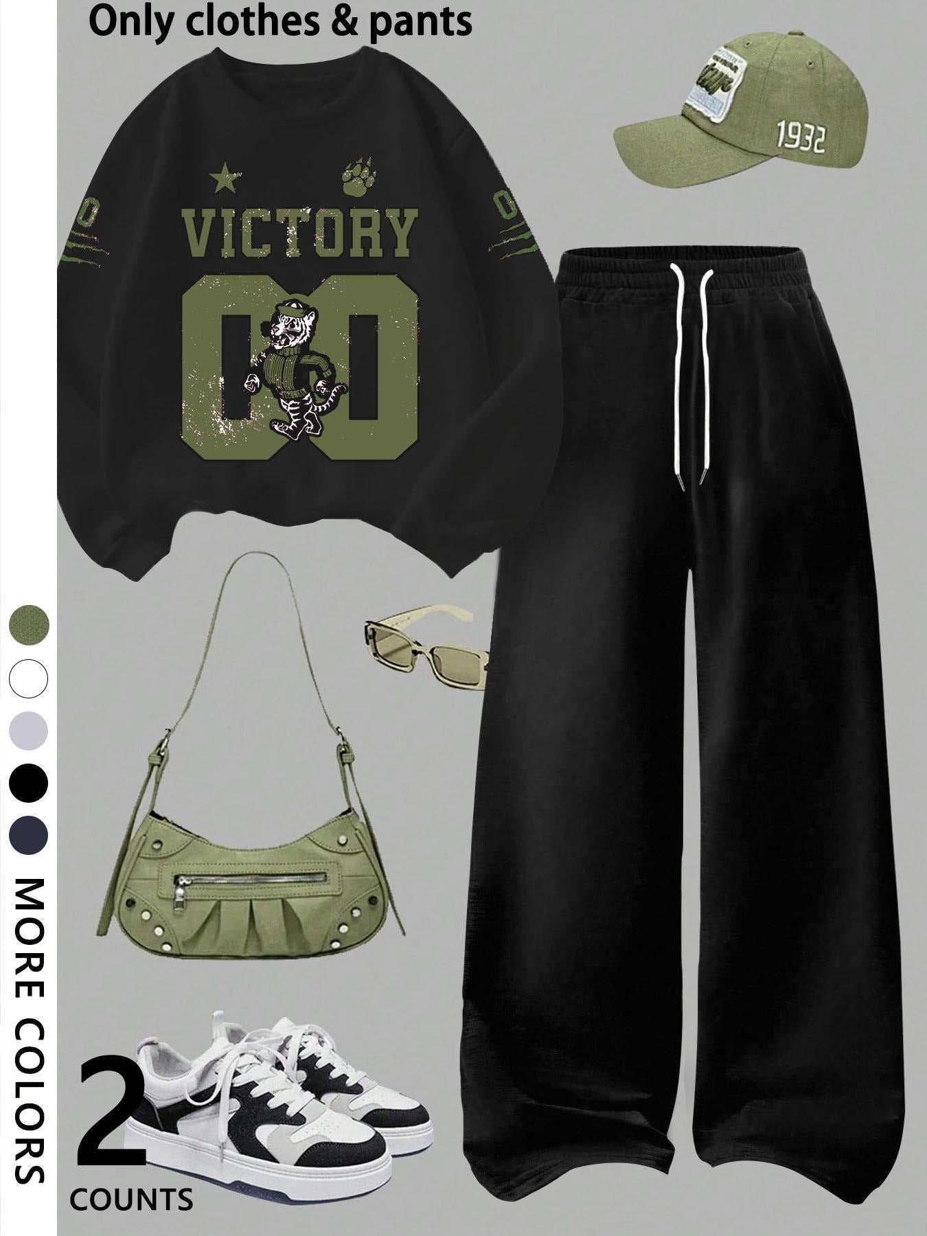 Girls' casual cool Graphic pattern print round neck pullover sweatshirt top and loose casual wide-leg pants, military green fashion dress, suitable for daily and going out