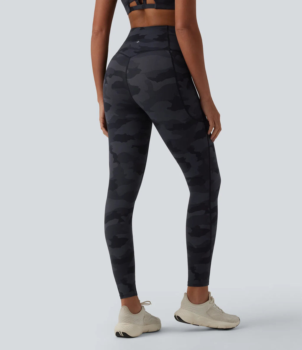 UltraSculptTM Camo Print High Waisted Tummy Control Running Leggings with Pockets