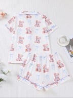 Women's Bear Print Knit Short Sleeve Top & Elastic Waist Shorts Pajama Set