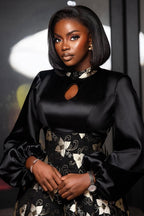 Satin Lantern Sleeve Cutout Floral Print A-Line Midi Dresses-Black [Pre Order]