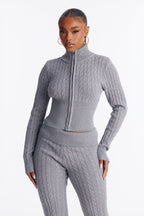 Caroline Mock Neck Cable Sweater Pant Set - Heather Grey