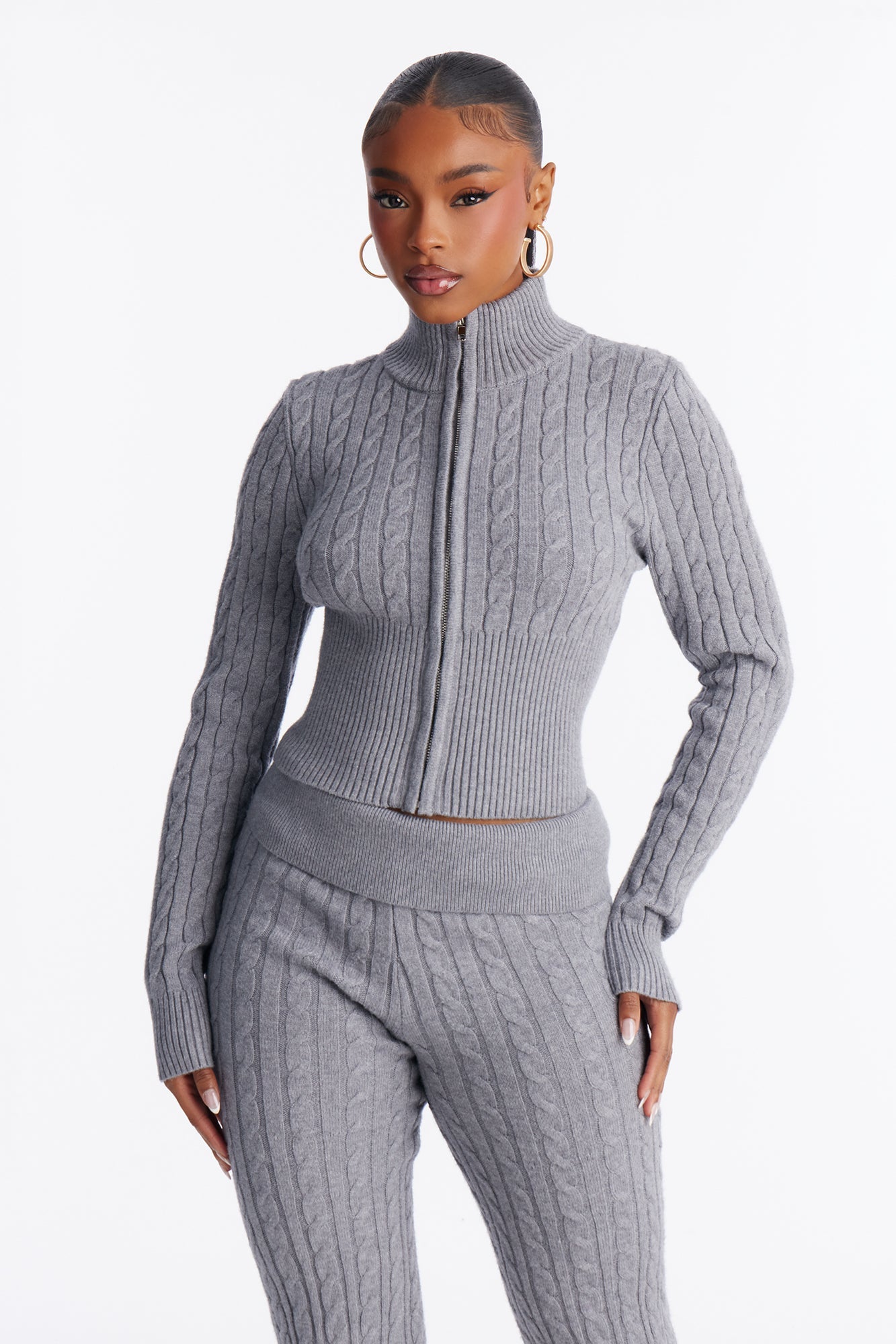 Caroline Mock Neck Cable Sweater Pant Set - Heather Grey