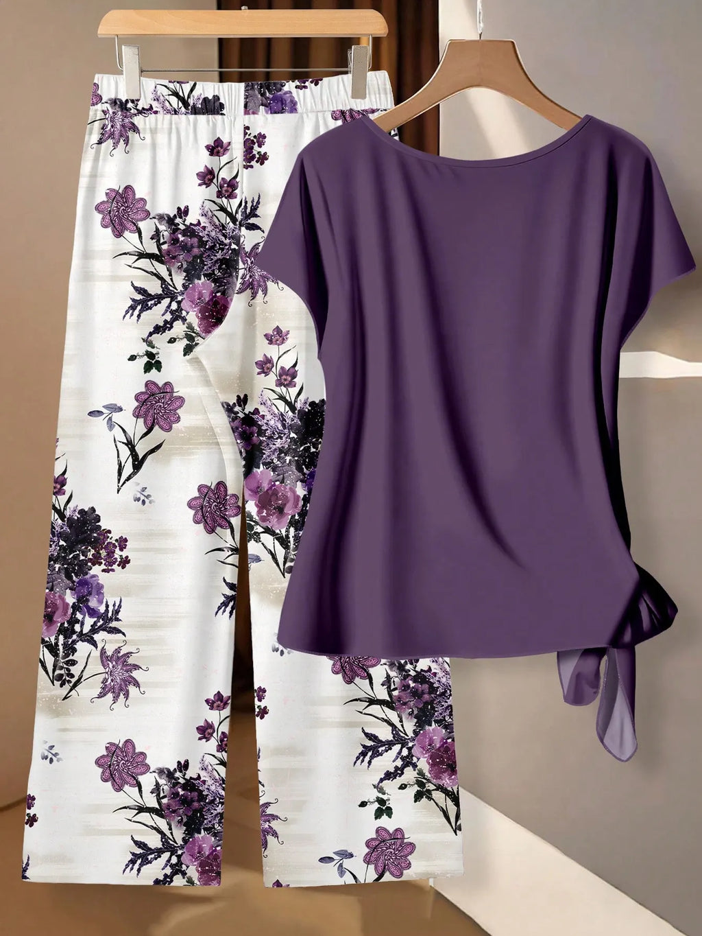 Women's Purple Floral Contrast Color Tie Bow Blouse And Straight Leg Loose Pants 2 Pieces Set,Casual Vacation Summer