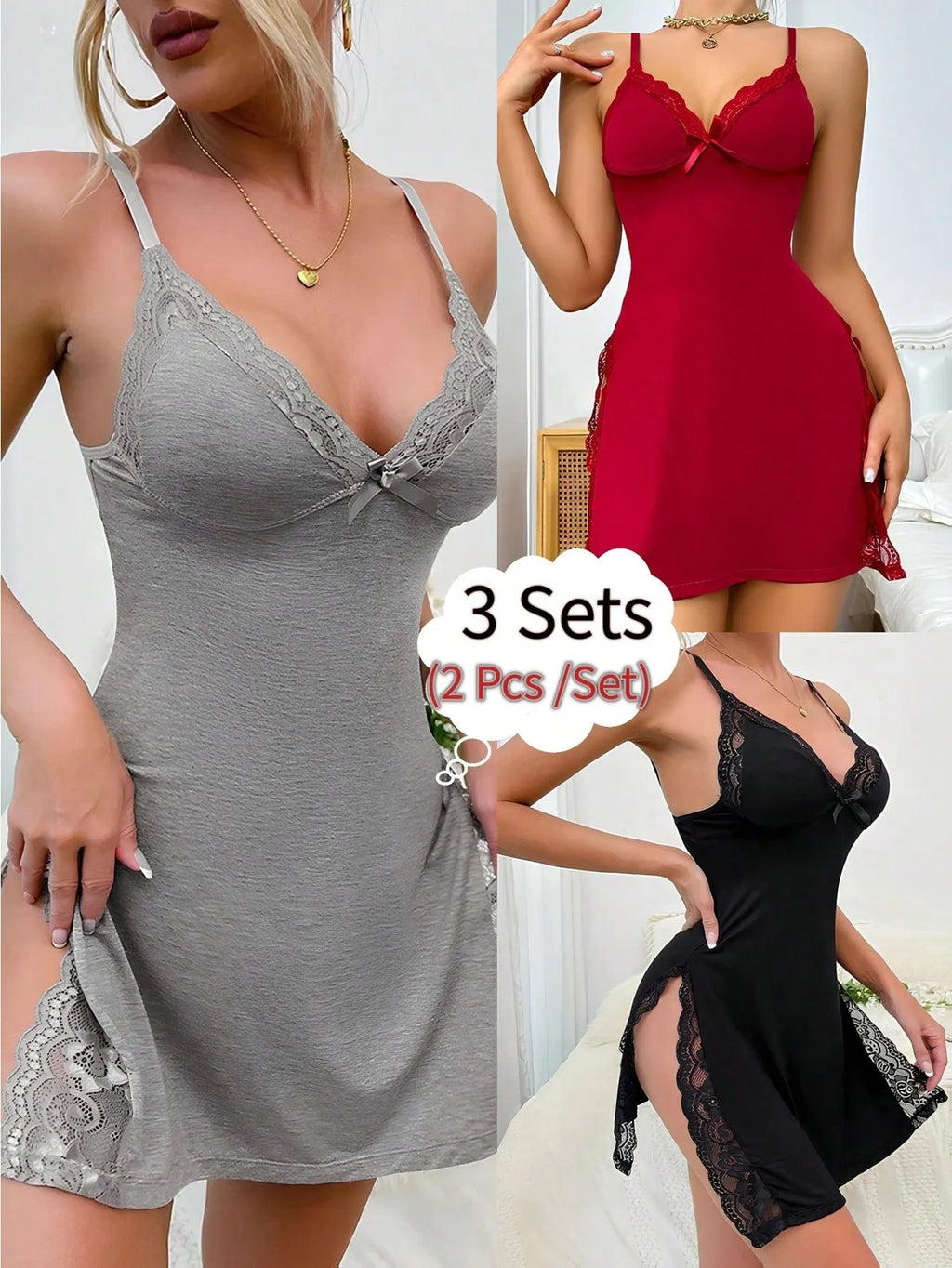 3PCS Slip Into Elegance With This 3pcs Women's Lace Pajama Set. Designed With Sheer Lace Panels And Side Slits