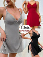 3PCS Slip Into Elegance With This 3pcs Women's Lace Pajama Set. Designed With Sheer Lace Panels And Side Slits