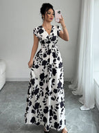 Elenzga Women V-Neck Allover Print Casual Long Dress