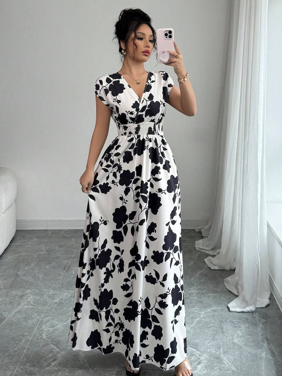 Elenzga Women V-Neck Allover Print Casual Long Dress