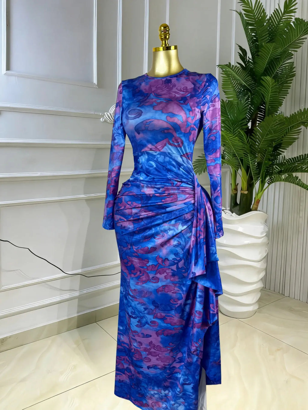 Elegant Feminine Women's Printed O-Neck Long Sleeve Ruffled Satin Belted Long Prom Dress, Club Sexy Evening Party Outfit Gown, Formal Wear, Female Fashion Music Festival Dress,Romantic Lady Skirt,Graduation Season Dress