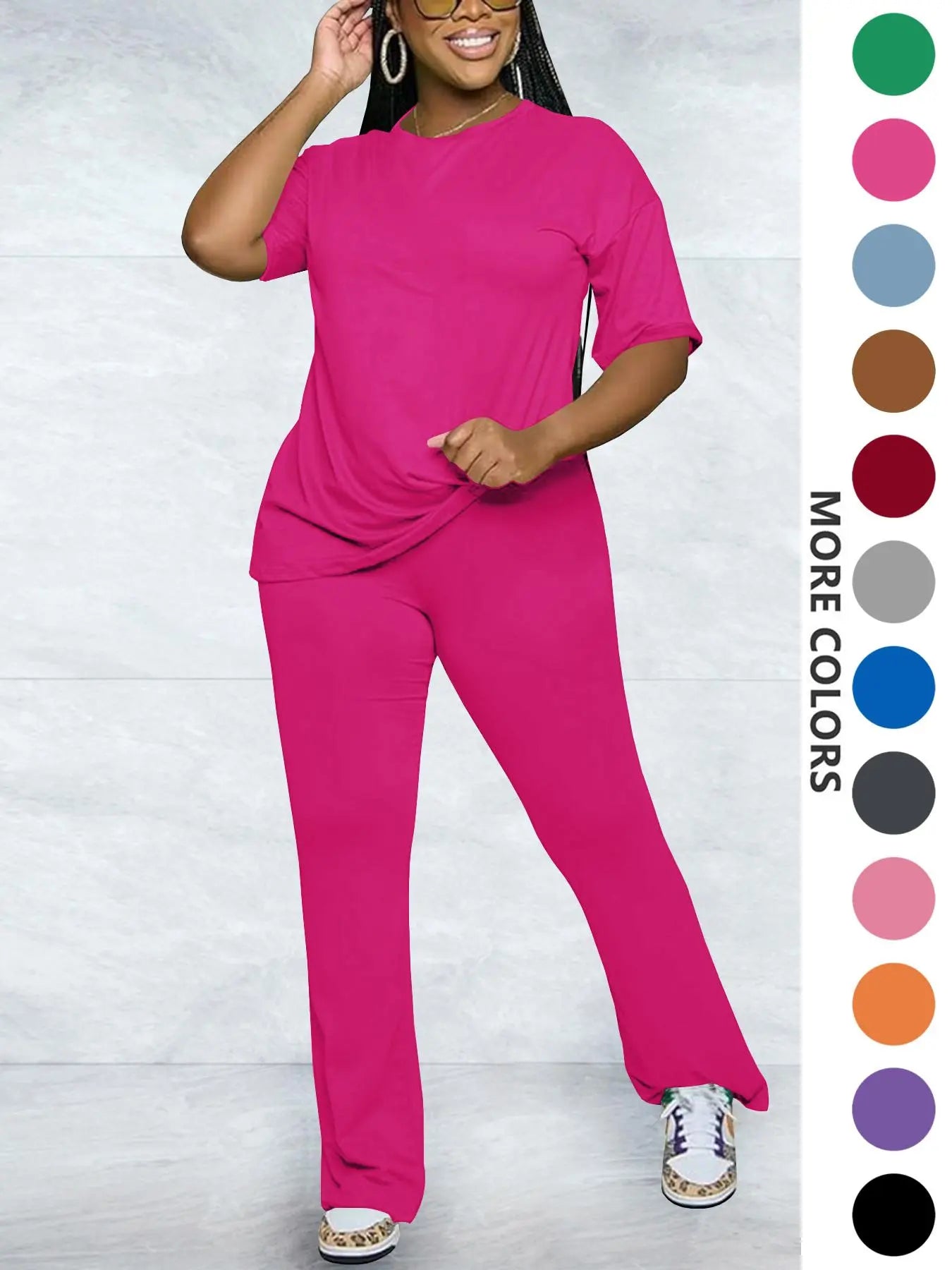 Women's Solid Round Neck Drop Shoulder Fitted Tee & Pants Two-piece Set, Casual Basic Fashion Cozy Half Sleeve T-shirt & Trousers for Daily Outdoor Wear, Women's Clothing for Fall, Casual Loungewear Set