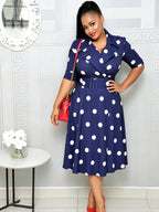 Elegant Chic Women's Midi Dress with Belt, Polka Dot Pattern, Short Sleeve