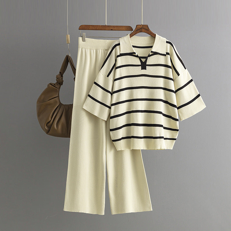 Stylish Striped Top & Solid Color Wide Leg Pants Two-Piece Set