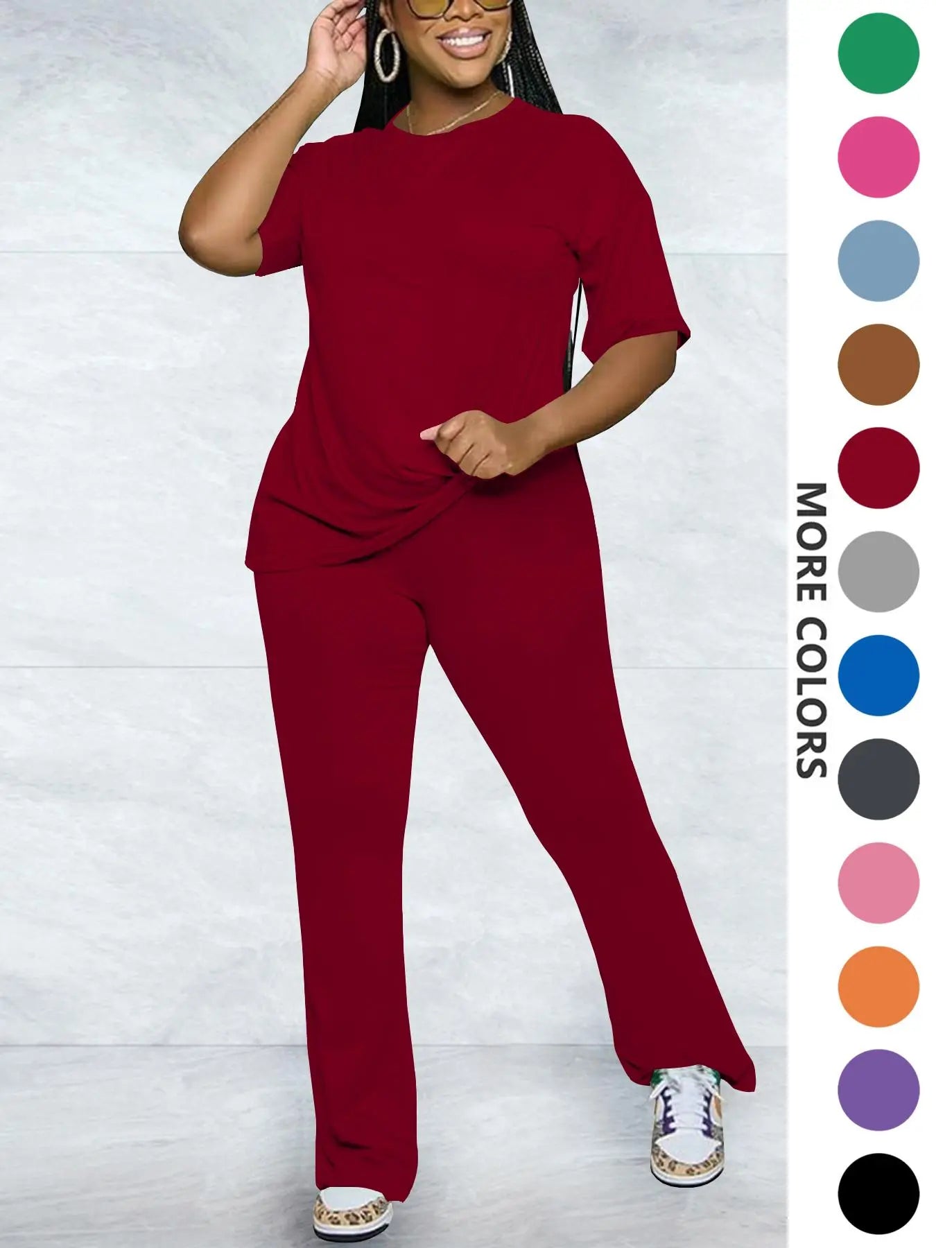 Women's Solid Round Neck Drop Shoulder Fitted Tee & Pants Two-piece Set, Casual Basic Fashion Cozy Half Sleeve T-shirt & Trousers for Daily Outdoor Wear, Women's Clothing for Fall, Casual Loungewear Set