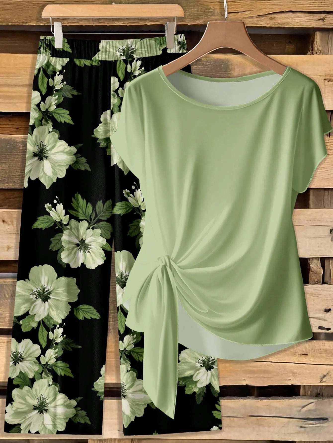 Women's Shirt With Tie Bow & Vintage Black Floral Leaf Print,Loose Straight Leg Pants 2-Piece Set,Summer Boho Casual Lounge Beach Vacation Outfits