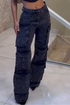 Women Hot Stamping Spliced Multi Pocket Casual Jeans