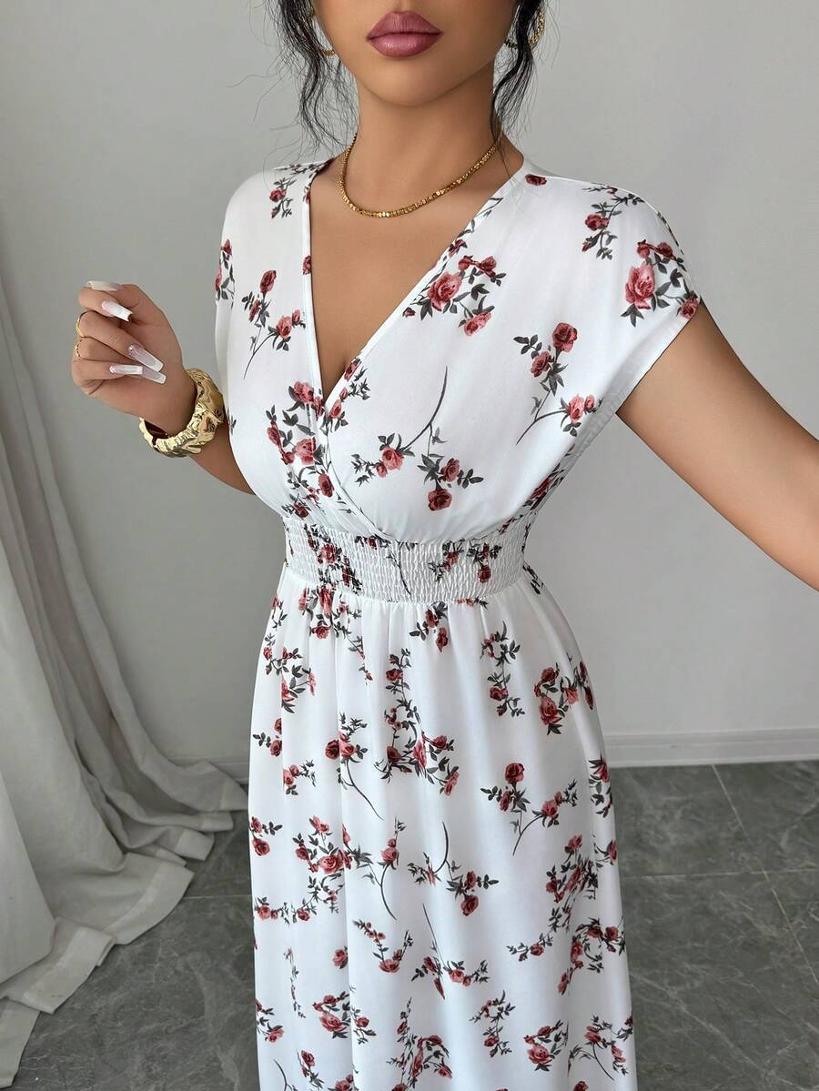 Elenzga Women V-Neck Allover Print Casual Long Dress