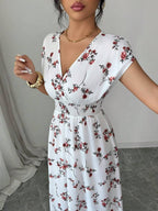 Elenzga Women V-Neck Allover Print Casual Long Dress