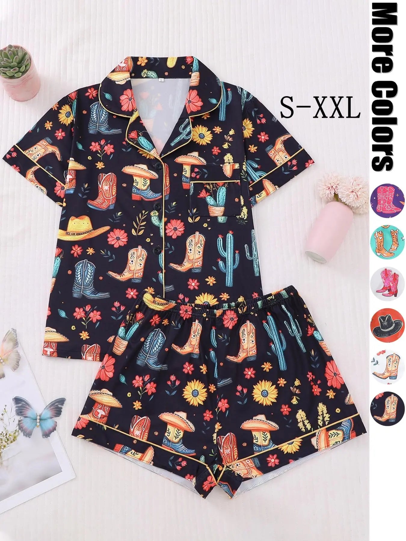 Women's All Over Cowboy Print Lapel Neck Button Front Pajama