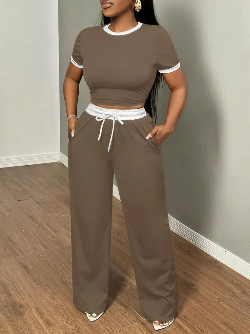 Women's New Casual Color-Blocked Round Neck Short Sleeve Two-Piece Set