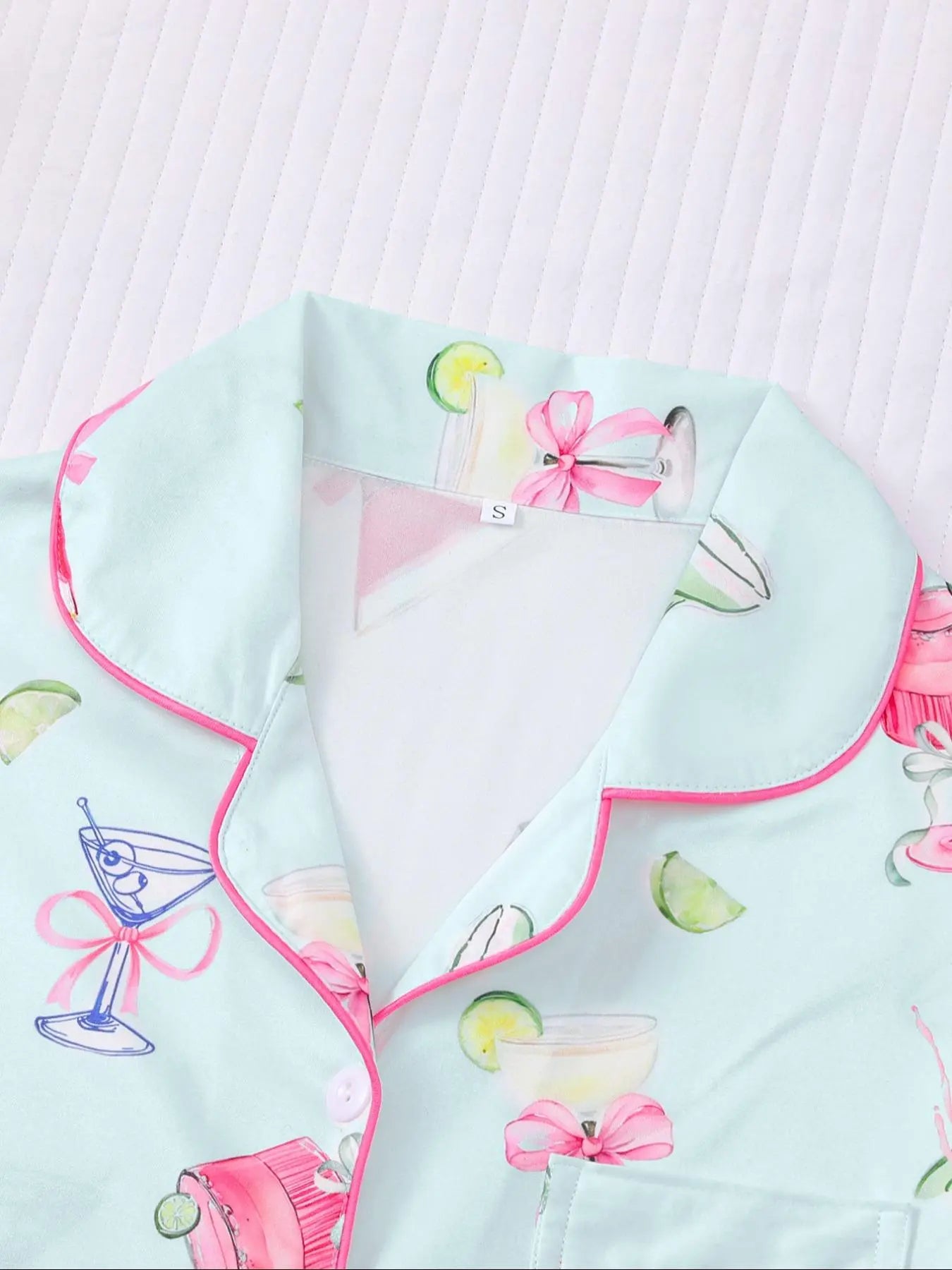 Women's All-Over Cocktail Print Button Front Shirt & Elastic Waist Shorts Pyjama