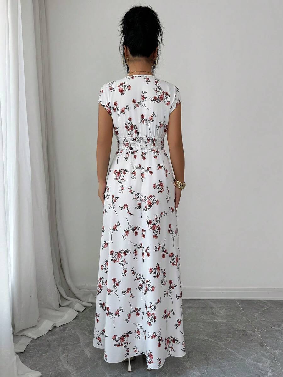 Elenzga Women V-Neck Allover Print Casual Long Dress