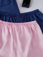 LuxeNights 4pcs/Set Faux Silk Lapel Cardigan & Shorts Pajama Set