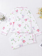 Women's Casual Pajama Set, Long Sleeve Button Front Shirt & Elastic Pants