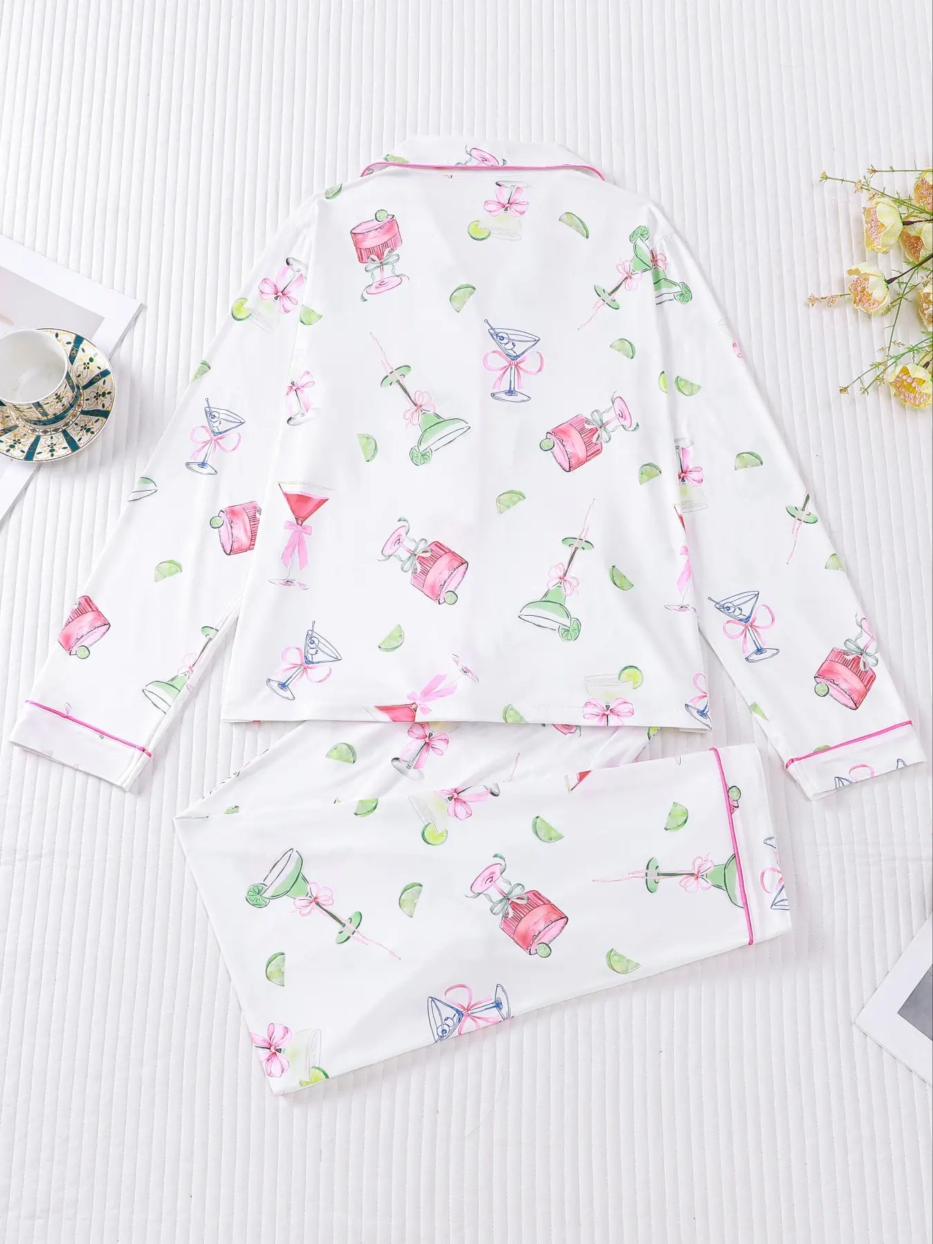 Women's Casual Pajama Set, Long Sleeve Button Front Shirt & Elastic Pants