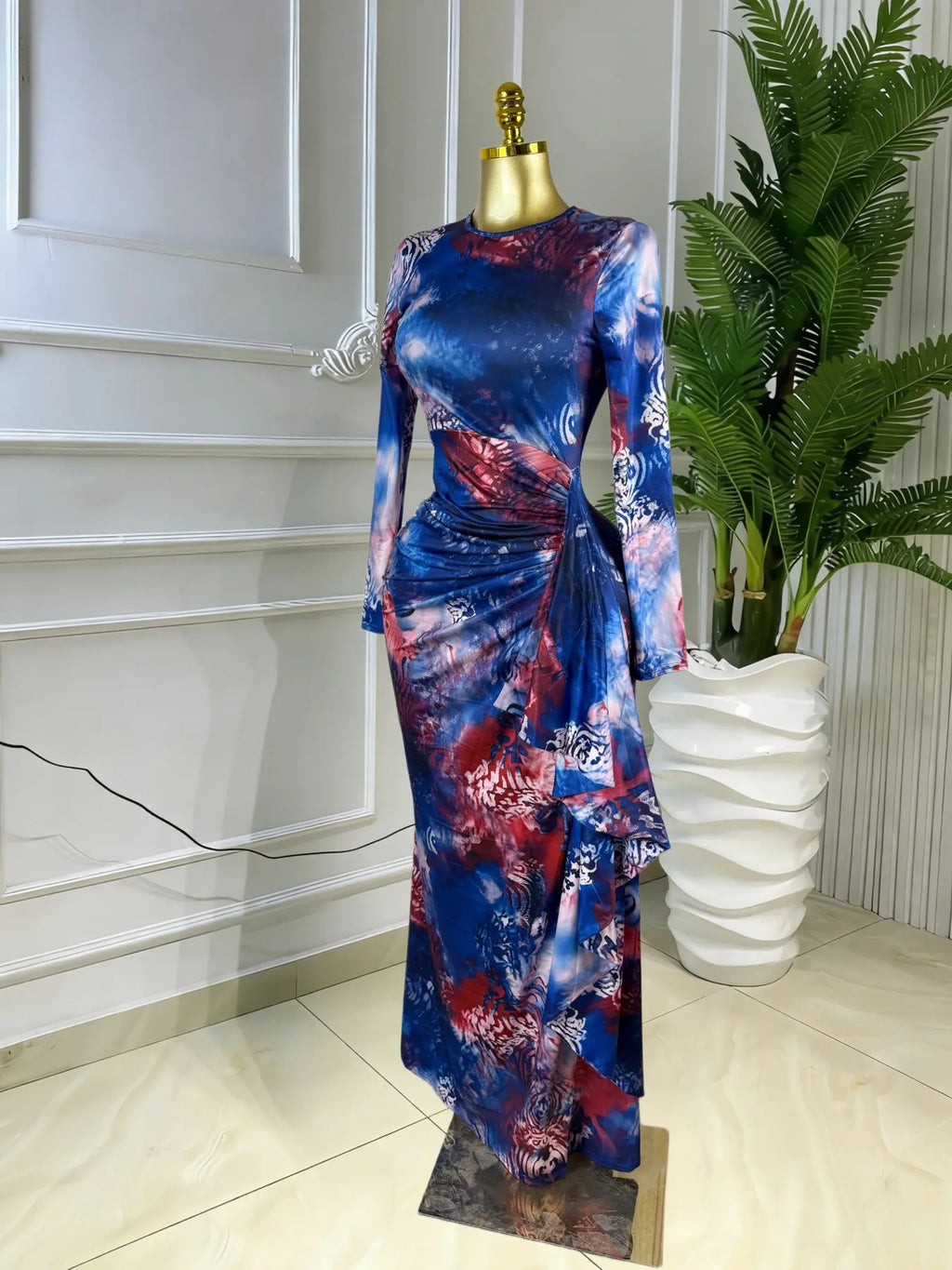 Elegant Feminine Women's Printed O-Neck Long Sleeve Ruffled Satin Belted Long Prom Dress, Club Sexy Evening Party Outfit Gown, Formal Wear, Female Fashion Music Festival Dress,Romantic Lady Skirt,Graduation Season Dress