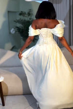 Off Shoulder Bandeau Corset Pleated Party Maxi Dresses-White
