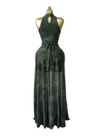 Women's O-Neck Sleeveless Stacked A-line Maxi Dress, Elegant Romantic Dress, Autumn Party Gown, Beach Evening Dress, Printed Long Dress for Birthdays, Jellyfish Camouflage Printed with Sashes Floor Length Dresses