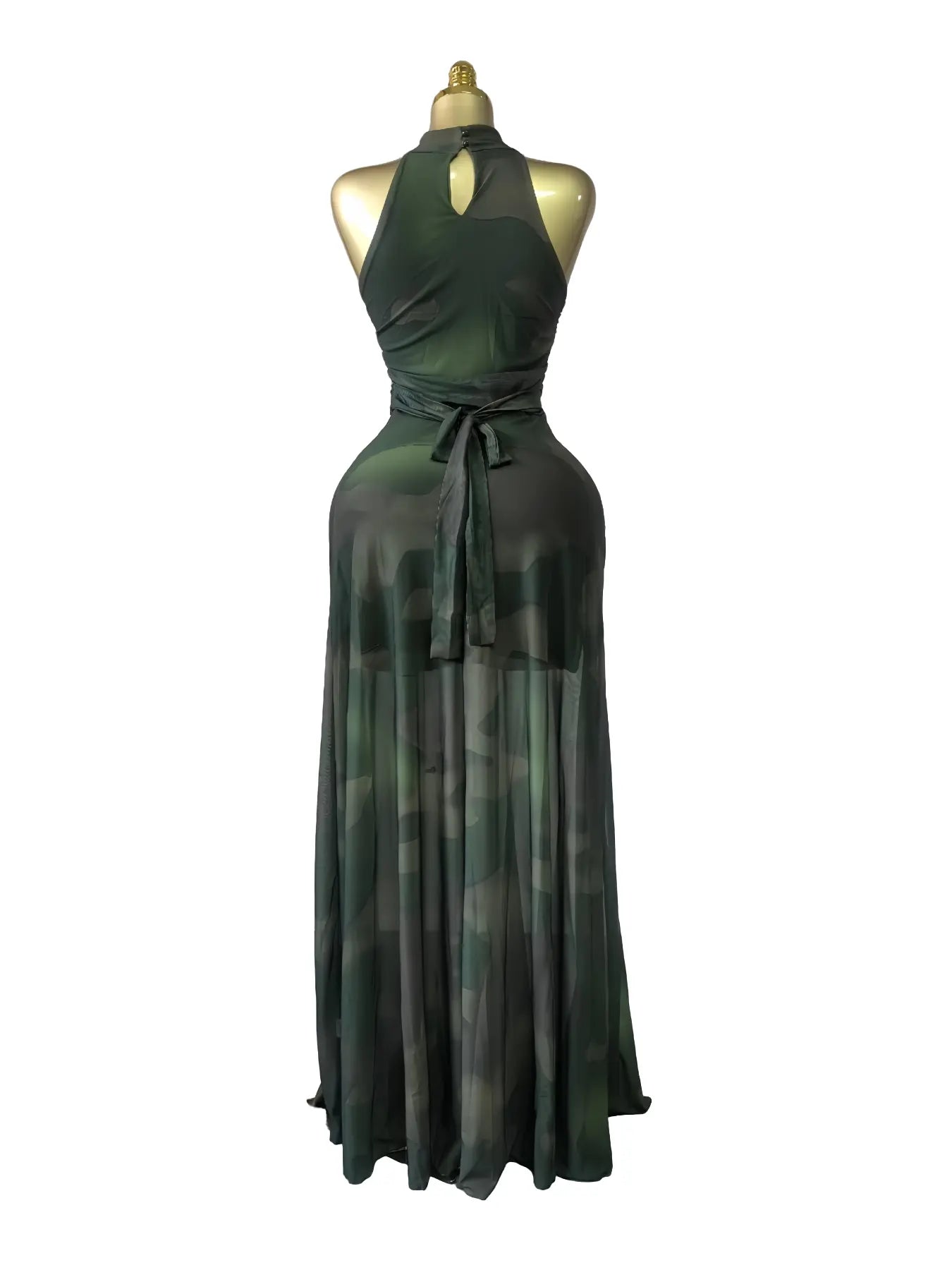 Women's O-Neck Sleeveless Stacked A-line Maxi Dress, Elegant Romantic Dress, Autumn Party Gown, Beach Evening Dress, Printed Long Dress for Birthdays, Jellyfish Camouflage Printed with Sashes Floor Length Dresses