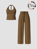 Women's Solid Crop Tank Top & Wide Leg Pants Set