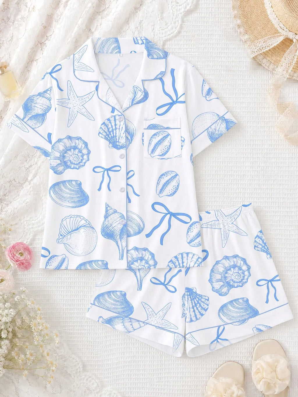 2pcs Women Pajama Set, Seashell Print, Ladies Homewear, Spring/Summer Holiday Outfit, Short Sleeve Lapel Top And Shorts Can Be Worn Outerwear