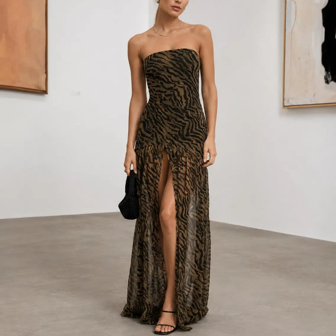 Women's Tube Top DressStrapless Backless Mesh Patchwork Tropical Leopard Print High Slit Long Dress for Party Club Night Polyester
