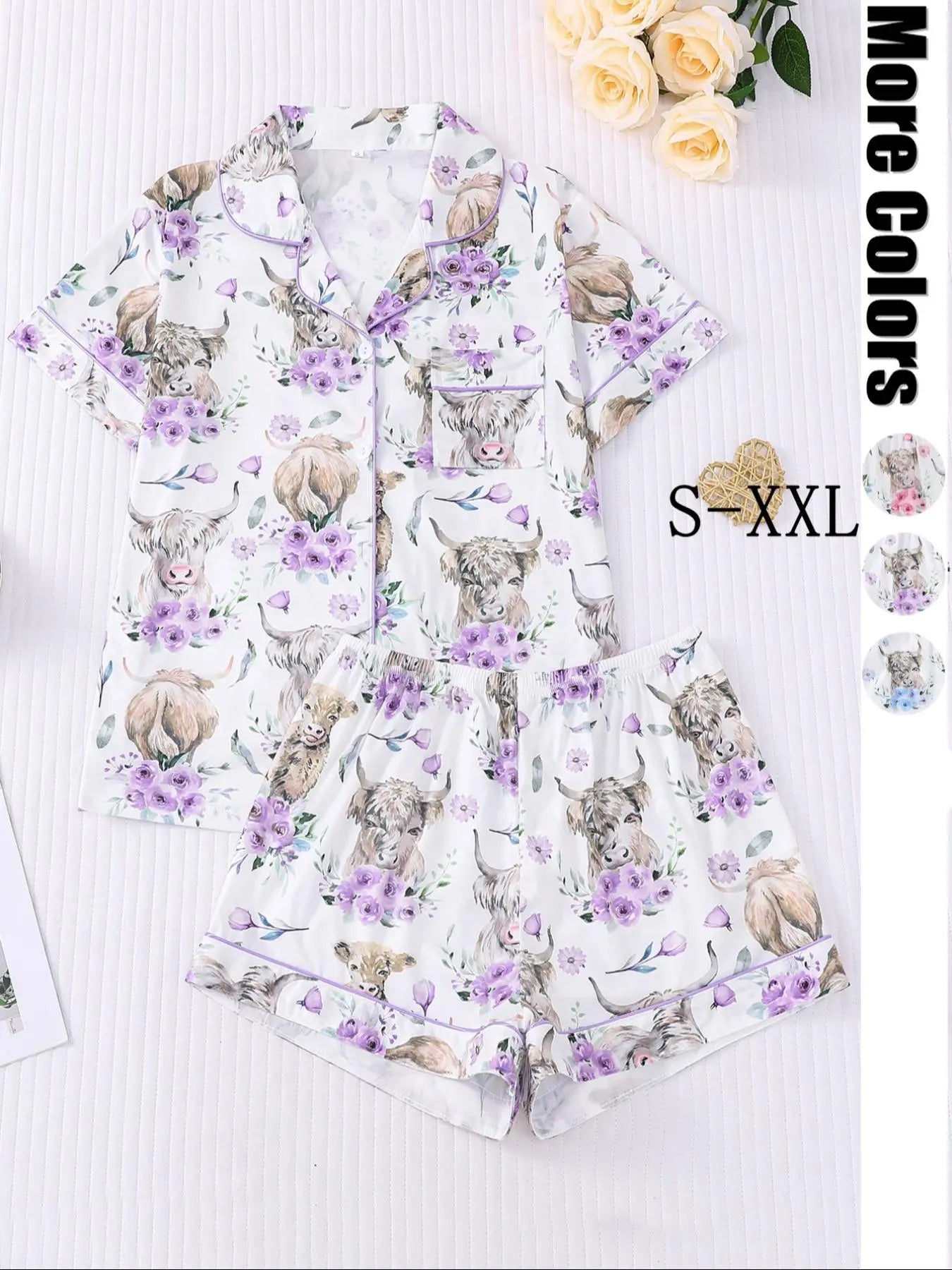 Women's All-Over Cow-Print Contrast-Trim Shirt & Elastic-Waist Shorts Pajama Loungewear Set, Casual Comfy Short Sleeve Collared Top & Shorts PJ Two-Piece Set