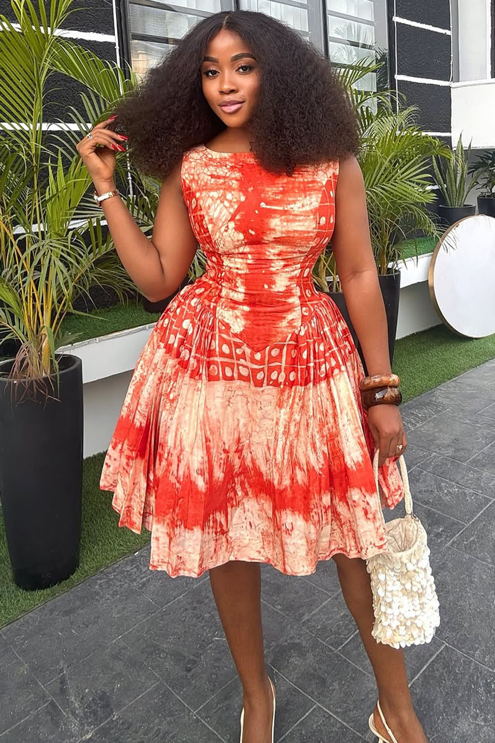 Boat Neck Retro Print Ruched Sleeveless Mini Dresses-Red