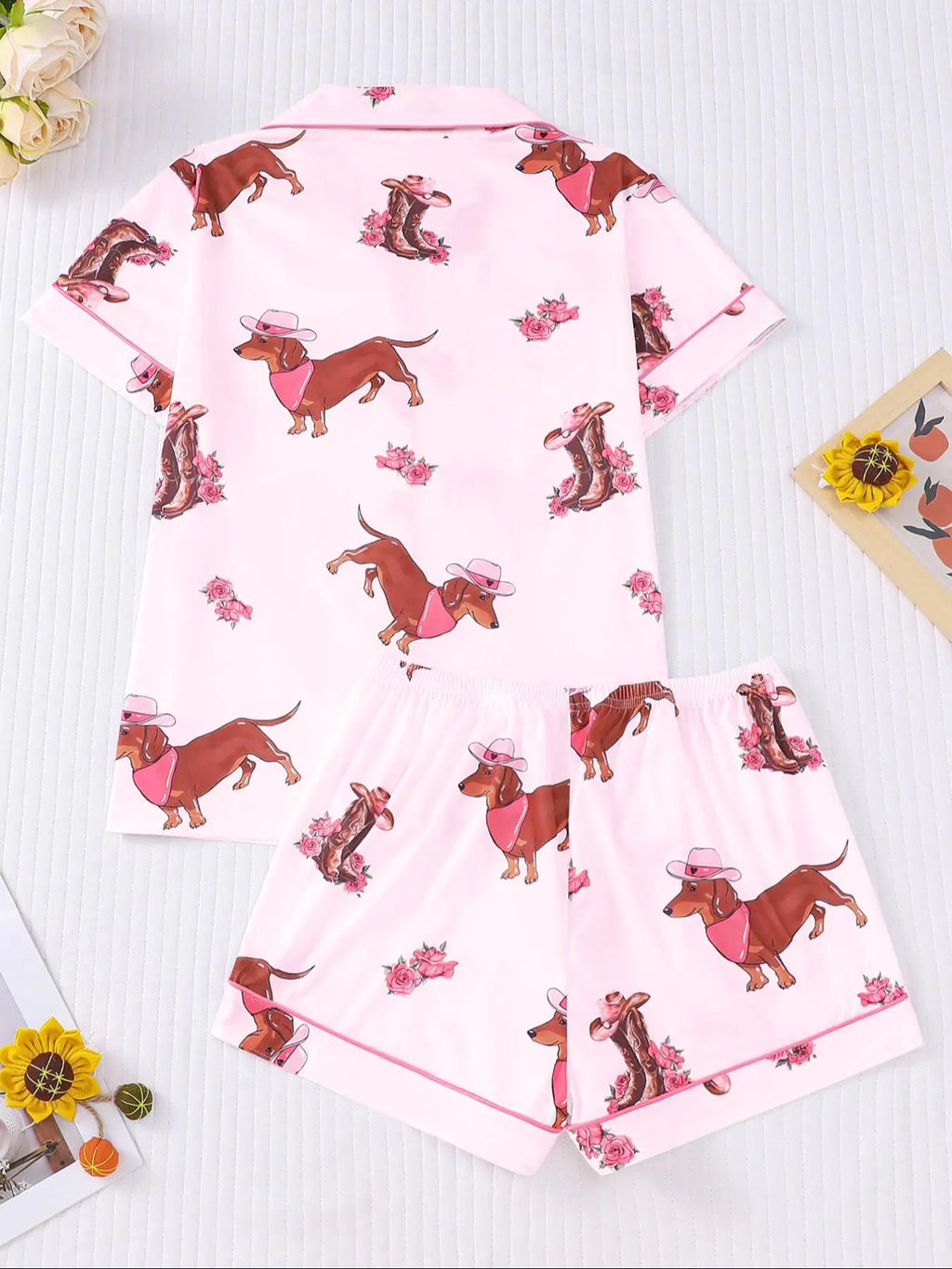 Women's All Over Dachshund Print Shirt & Elastic Waist Shorts Pyjama Two-piece Set