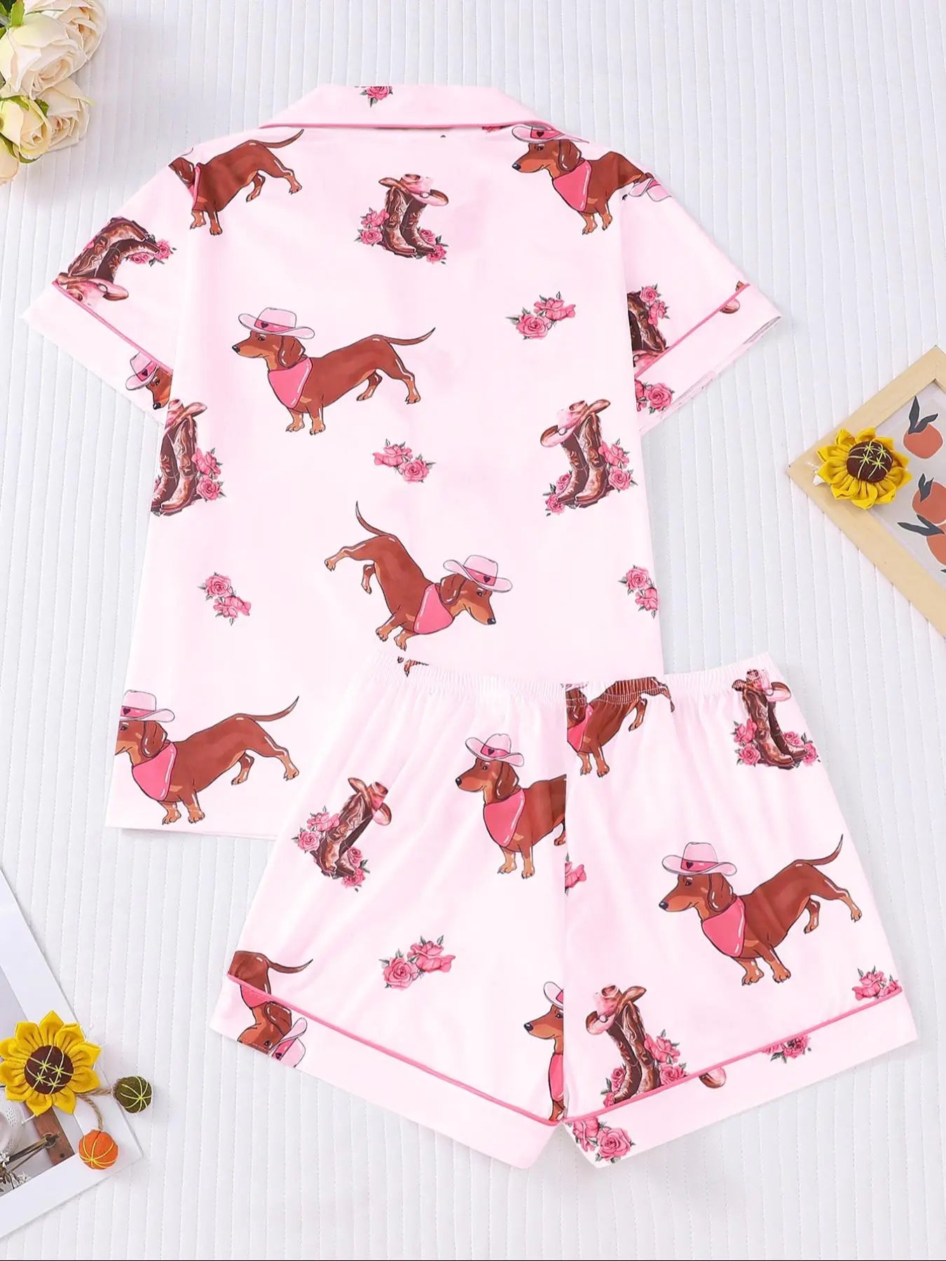 Women's All Over Dachshund Print Shirt & Elastic Waist Shorts Pyjama Two-piece Set