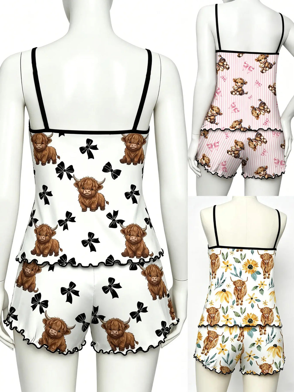 Cherry Print Halter Short Pajamas, Ruffle Trim Design, Sweet Girl Style, Breathable Home Sleepwear, 3-Piece Set